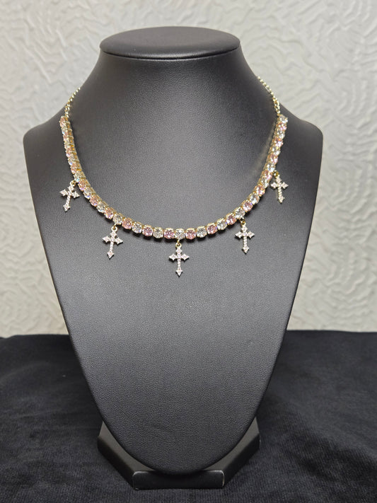Pink cross charms choker