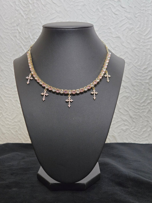 Pink cross charms choker